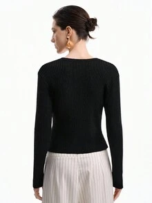 Aalyst 女士优雅修身长袖经典开衫 - 黑色 - 查看 2