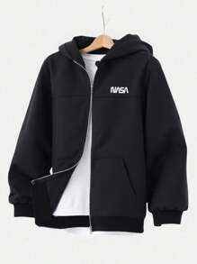 SHEIN Teenager Boys' Casual Solid Color Slogan Print Hooded Zip-Up Sweatshirt Jacket, All-Match Versatile For Commuting, School, Daily Casual, Travel, Sports, Suitable For Autumn/Winter Zip Up Jacket Black Jacket Boys Black Zip Up Hoodie Boys Boys Hoodie Fall - Black - View 5