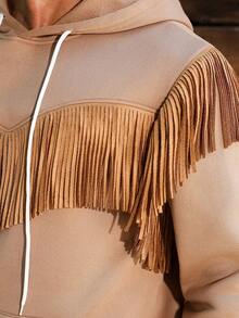 Manfinity Nomadique Men's Fringe Trim Drawstring Hooded Pocket Long Sleeve Casual Sweatshirt Western Hoodie Fringe Hoodie Mens Hoodie, Western Hoodies Men, Light Brown Hoodie, Fringe Hoodie, Western Clothes