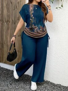 EMERY ROSE Casual Vintage Floral Pattern Plus Size 2 Pieces Set, Suitable For Summer - Blue - View 1