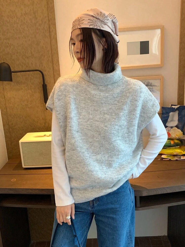 Women's High Collar Korean Style Solid Color Casual Elegant Sweater Vest Fall/Winter