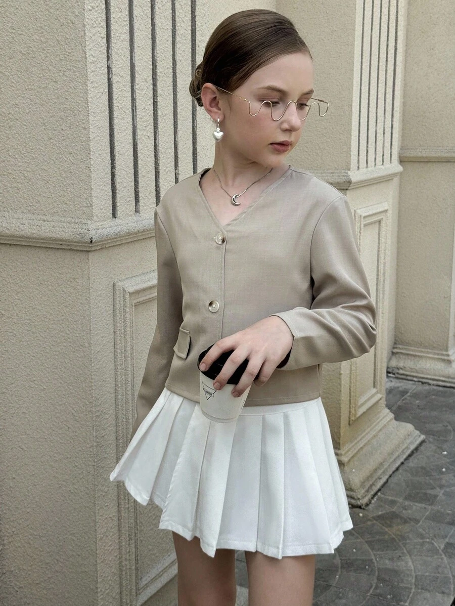 Áo khoác dài tay cài nút thời trang thường ngày cho bé gái tuổi teen, mùa xuân và mùa thu - Màu Khaki - Xem 1