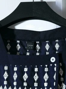 Franclia Women's Geometric Pattern Square Collar Contrast Color Oblique Placket Casual Shirt - Navy Blue - View 3