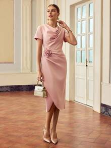 ZEYLAH 女士不对称荷叶边领口时尚粉色连衣裙 - 粉色 - 查看 5