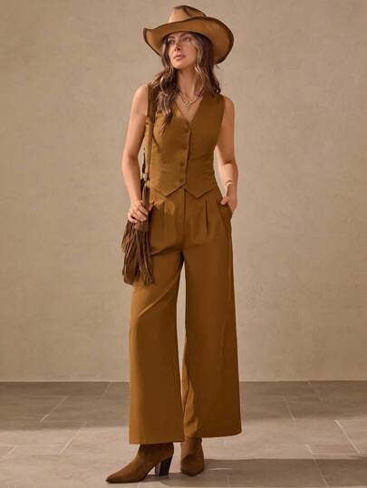 Wildy Casual American Country Style Green Vest & Pants Office Wear 2 Pieces Set Brown Wide Leg Pants Women Women Brown Trousers Brown Suit Vest Women Brown Vest And Pants Set Women Work Pants Women Wide Leg Country Concert Outfit Business Casual Woman Going Out Outfits  Lounge Sets For Women Western Wear Women  Old Money Style Women  Going Out Outfits