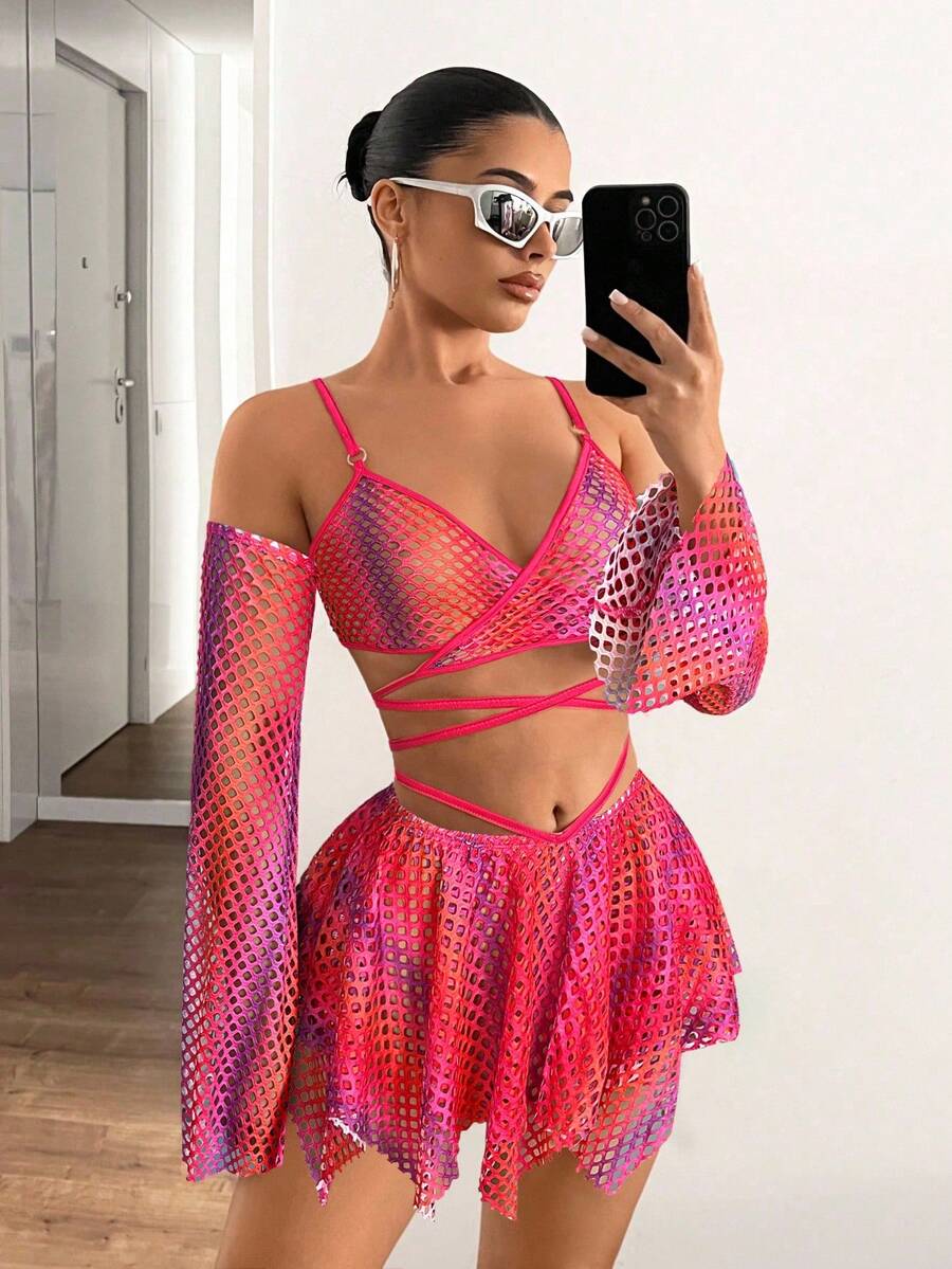 SHEIN ICON Y2K 音乐节派对俱乐部性感彩色网眼透视系带吊带背心和不对称下摆迷你裙两件套渔网两件套度假装女士 2 件套 - 彩色 - 查看 1