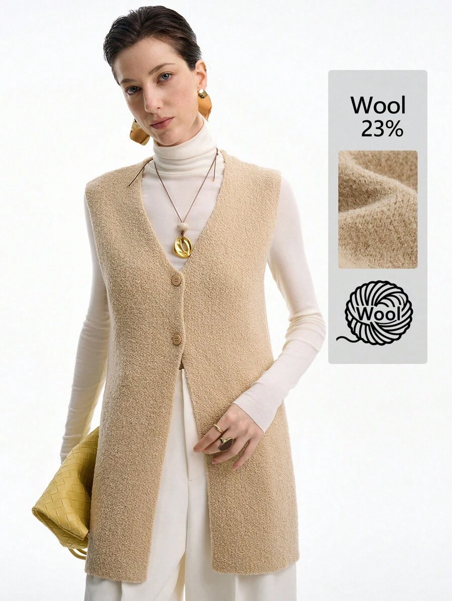 Aalyst Women's Elegant Texture, High-End Simple Open-Front Vest, Long Woolen Coat - Apricot - View 1