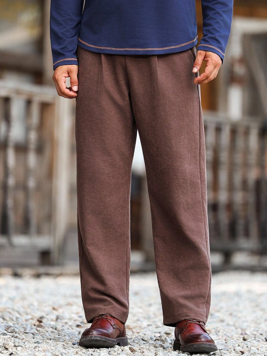 Manfinity Nomadique Men's Casual Solid Color Drawstring Pocket Pants Brown Pants Men Casual Pants, Fall - Brown - View 1