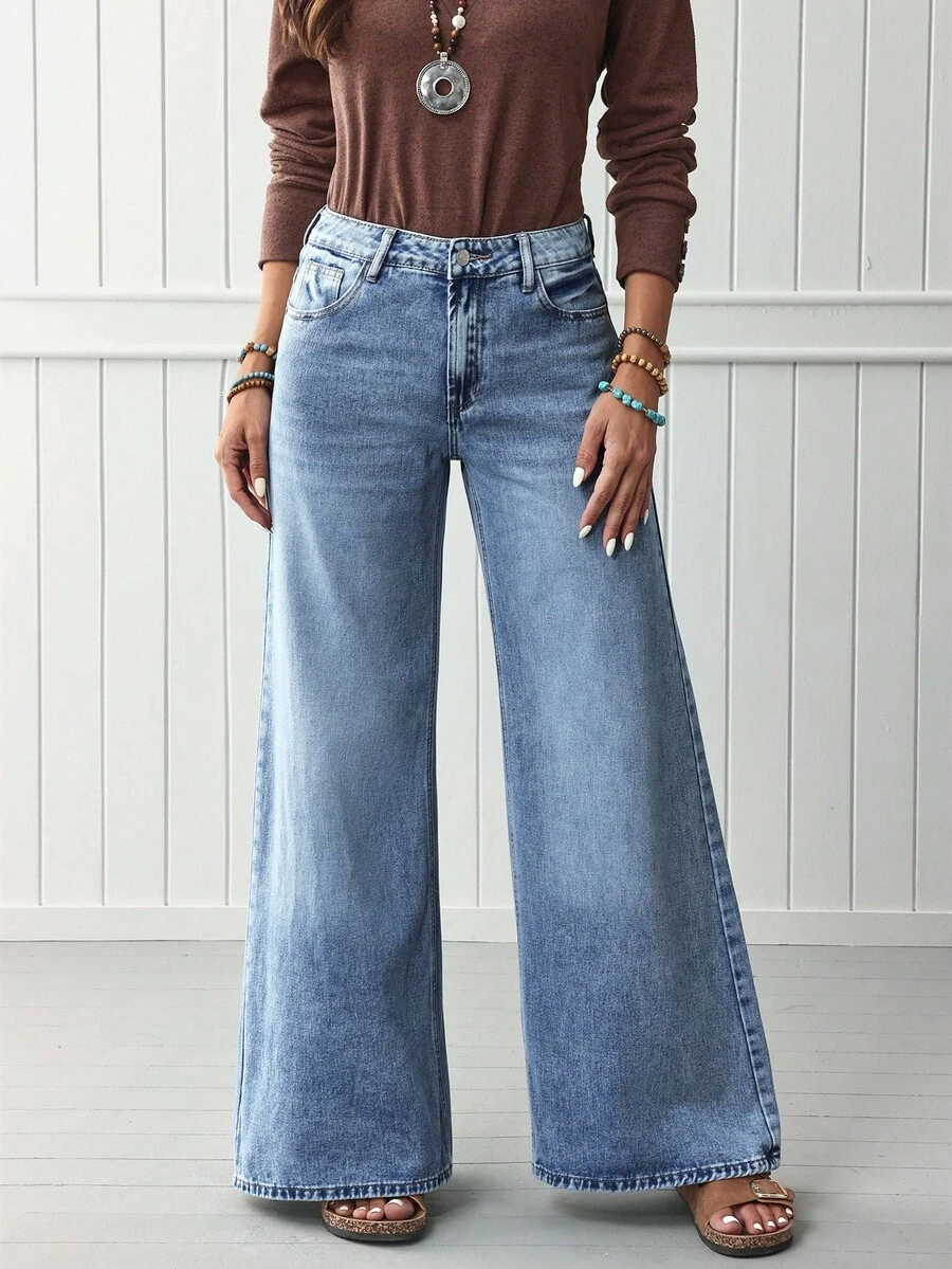 EMERY ROSE Quần Jeans Ống Rộng Dáng Rộng Có Nút Túi Phía Trước Cho Nữ - Rửa nhẹ - Xem 1