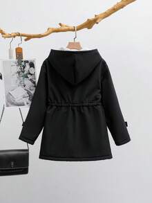 SHEIN Tween 女童时尚宽松纯色休闲百搭连帽拉链抽绳腰部右口袋保暖内衬厚风衣夹克，秋冬 - 黑色 - 查看 2