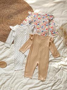 SHEIN 3 Peças Conjunto de Macacão de Manga Longa com Estampa de Raposa Fofa, Poá e Floral para Bebê Menina, Disponível nas Cores Branco, Amarelo e Estampa Floral para Uso Casual - Multicolorido - Visão 2