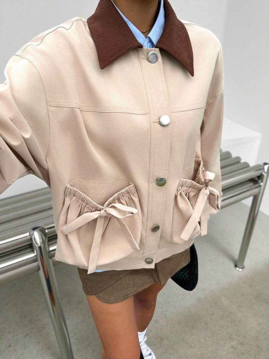 SHEIN EZwear Fall Old Money Autumn Coats Y2k Back To School Fall Women's Casual Outdoor Fashion Street Front Zip Pocket Long Sleeve Oversized Jacket - Khaki - View 1