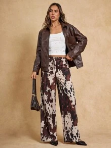 SHEIN BAE 女式印花抽绳腰宽松阔腿休闲裤 - 卡其色 - 查看 6