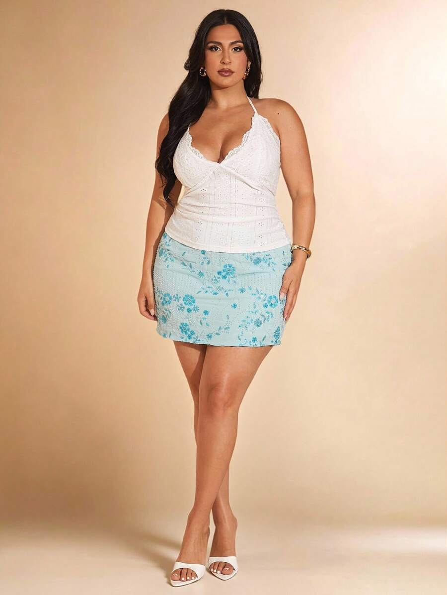 SHEIN BAE 大码女式蕾丝拼接无袖吊带背心,白色,适合外出,Y2K风格,适合夜店/秋季/冬季/返校季/演唱会/返校舞会/夜生活/约会/生日/婚礼宾客/西部/万圣节 - 白色 - 查看 1