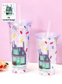 HARRY POTTER X SHEIN 1PC Letter Graphic Cold Drink Juice Cup, 450ml Or 600ml Transparent Flat Lid, Double-Layer Straw Cup, Straw Juice Cup, Transparent Bow Shaped Cup - Multicolor - View 1