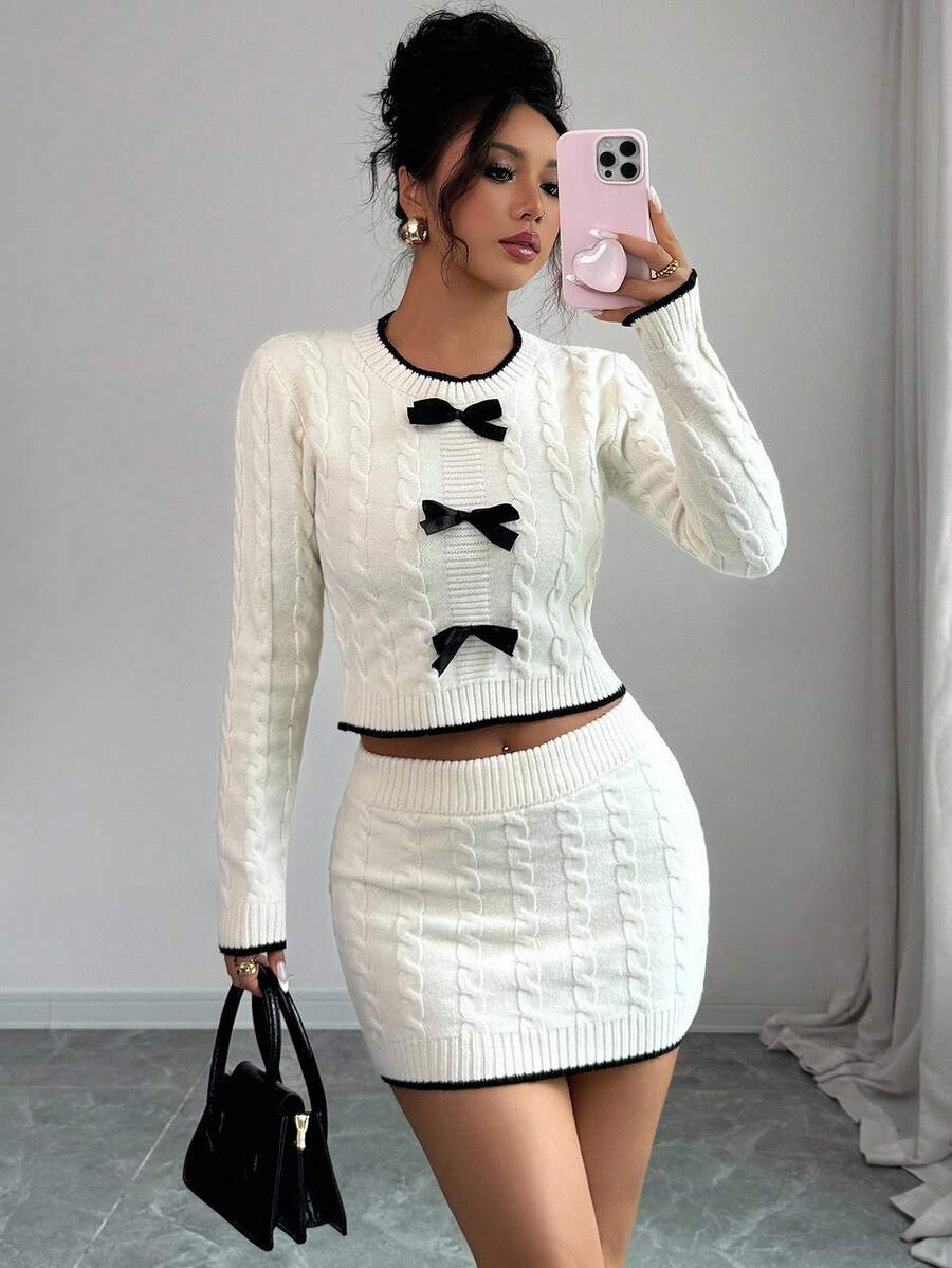 Elenzga 2pcs Autumn/Winter Women's Set: Twist Rope Cable Knit Color Block Pullover Sweater Top + Bodycon Mini Skirt Fall Cloth For Women - White - View 1