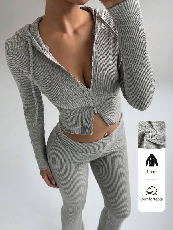 FavEase Apricot Fleece Ribbed Texture Zip-Up Hoodie & Retro Flared Leg Pants All-Match Casual Sport Set For Women, Simple & Versatile, Spring & Autumn