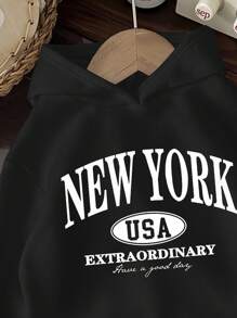 SHEIN Leap Crew 复古纽约字母，少女休闲简约长袖连帽衫 - 黑色 - 查看 3