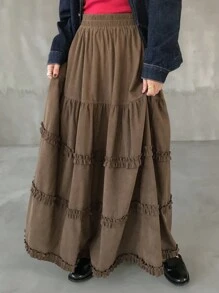 FRIFUL Women's Casual Solid Color Frill Hem Skirt Fall Skirts - Brown - View 1