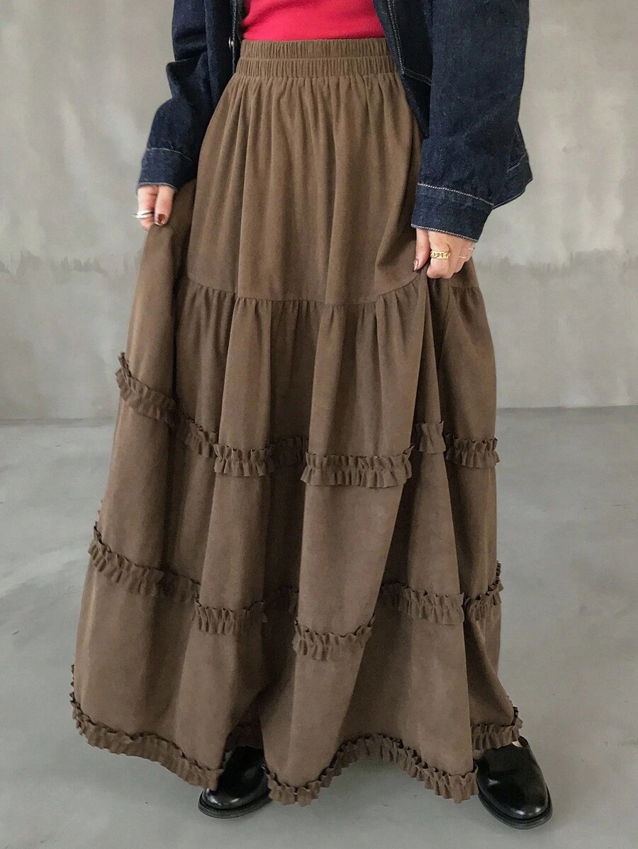 FRIFUL Women's Casual Solid Color Frill Hem Skirt Fall Skirts - Brown - View 1
