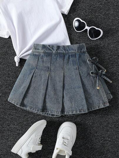 Young Girls' Casual Pleated Design Pants With Bowknot Side Straps. Comfortable Denim Washed Blue Waist Skort, New Stylish Street Chic Design