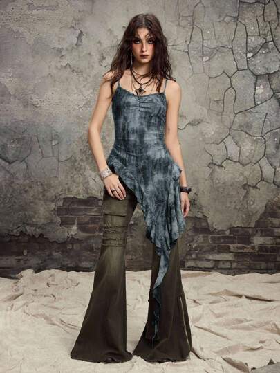 Grunge Punk Y2K Distressed Batik Asymmetrisches Rüschen Saum Design Damen Trägerhemd