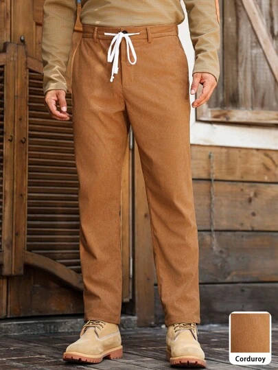 Manfinity Nomadique Pantalones casuales de hombre de unicolor con cordón y bolsillo, de pana