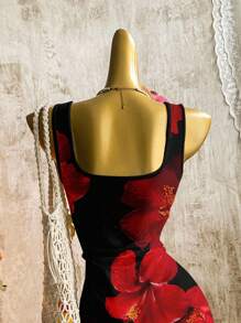 Attitoon Casual Resort Style Red & Black Tropical Floral Pattern Deep V Neck Backless Mini Dress For Women, Suitable For Summer Vacation & Island Holiday,Club Outfits Women Sexy Beach Wear,Boho Clothes Women Suitable For Going Out Chic Dress - Multicolor - View 9