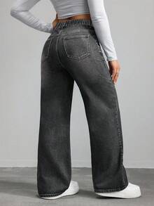 SHEIN ICON 大码女式宽松休闲复古牛仔阔腿裤，带口袋 - 黑色 - 查看 2