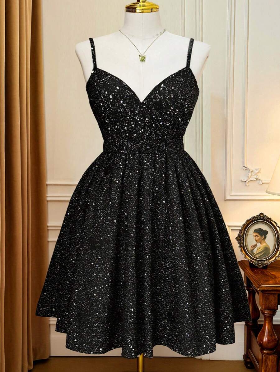 SHEIN Unity Plus Size Sexy Fashion Party Cami Sparkly Dress - Black - View 1