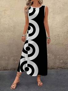 EMERY ROSE Plus Size Music Festival Geometric Print Round Neck Loose Long Dress With Thick Straps, Suitable For Spring/Summer Holidays Chic Dress - Multicolor - View 3