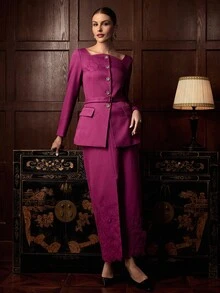ZEYLAH Women's Square Neck Single-Breasted Embroidered Fashion Blazer - Purple - View 7