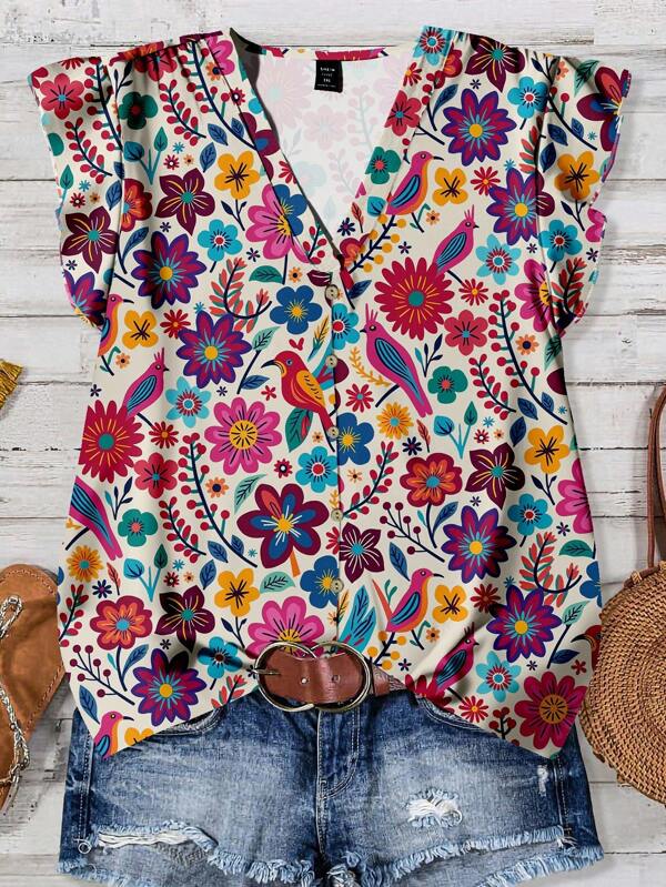EMERY ROSE VCAY Vintage Floral Print Casual Loose Blouse For Plus Size Women, Suitable For Summer Floral Blouses Women Women Summer Blouse Top Boho Summer Tops Bird Print Blouse