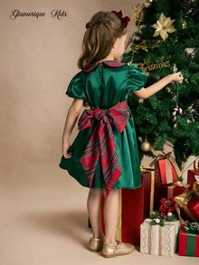 Glamorique Kids 年轻女孩可爱优雅绿色泡泡短袖连衣裙，红色格子蝴蝶结装饰迷你派对连衣裙，适合圣诞节、节日、舞会 - 綠色 - 查看 8