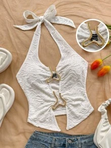 Soleia Nova camisola feminina casual de cor sólida com cadarço e decoração de metal com fenda frontal para resort, uso em camadas no outono/inverno, festa, encontro, dia dos namorados, Páscoa, Carnaval, chá da tarde, passeio na praia, rua da cidade