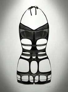 SHEIN Mono sexy de mujer con escote halter y calado, para salir - Negro - Ver 2