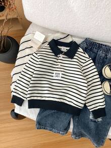 SHEIN Schulanfang Saison Baby Jungen/Mädchen Schwarz & Weiß Dickkragen Lässig Bequem Vielseitig Süß Kontrast Farbe Gestreift Langarm Sweatshirt, College Stil