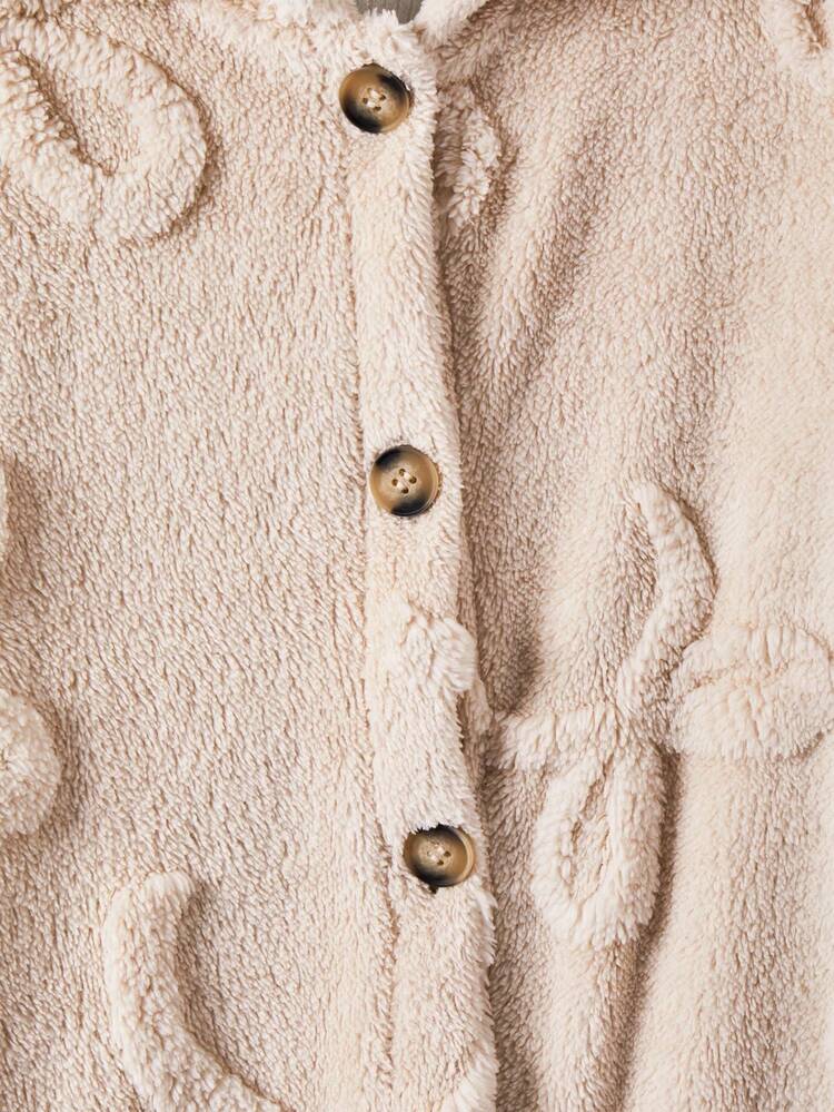 Sparklyn 1pc Girls Plus Fuzzy Hooded Cardigan, Long Sleeve Knee-Length Soft & Comfortable Butterfly Knit Pattern Jacket, Autumn/Winter Fall - Apricot - View 5