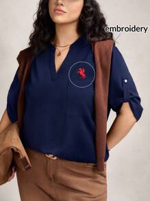 Zelara Plus Size Embroidered Notch Collar Casual Versatile Commuter Shirt Plus Size Blouses For Women Plus Size Tops Curve Blouses For Women Plus Size Women Clothes Blouse Earthy Plus Size Fall Clothes For Women Winter Clothes Office Outfits For Women Polo Shirt Birthday Chic Winter Business Winter Party Fall Halloween Christmas