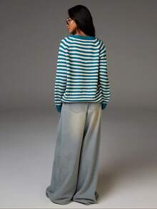 Athîral 女士休闲通勤条纹轻薄开衫条纹开衫女开衫夏季开衫蓝绿色开衫秋冬白色开衫 - 彩色 - 查看 2