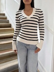 SHEIN EZwear 女士春季时尚 1 件纯色粗针织 V 领毛衣，女士春/秋休闲粗针织，撞色蕾丝长袖修身棕色常规袖套头衫女士毛衣，长袖上衣 - 黑與白 - 查看 8