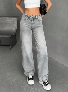 EURMUSE Low Waist Pocket Detailed Straight Jean - Grey - View 5