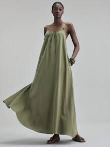 Ontre 秋季细肩带宽下摆连衣裙，带串珠装饰，休闲都市商务度假海滩度假音乐节优雅女士连衣裙 - 軍綠色 - 查看 5