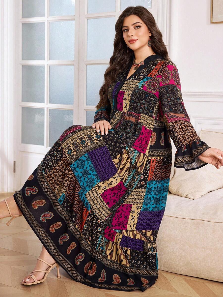 Lacomfia 大码女式几何花卉印花V领长袖休闲连衣裙