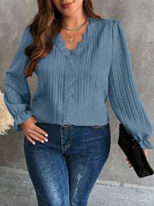 Plus Size Women's Solid Color Minimalist Long Sleeve Blouse - Dusty Blue - View 1