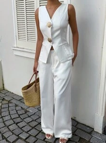 SHEIN EZwear 2件套女士时尚贝壳装饰背心和裤子套装 - 白色 - 查看 1