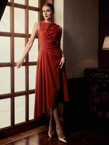 ZEYLAH Women's Round Neck Sleeveless Pleated Elegant Embroidered Midi Dress - Red - View 5