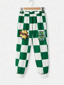 TEENAGE MUTANT NINJA TURTLES | SHEIN Tween Boy Checkerboard Cartoon Pattern Knit Loose Crew Neck Sweatshirt And Sweatpants 2 Pieces Set - Green - View 5