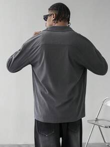 Manfinity Homme 1pc Men's Solid Color Long Sleeve Single Breasted Casual Pocket Shacket ,Dark Grey Button-Up Oversized Streetwear Shacket, A Great Gift For Your Boyfriend, Back To School, Corduroy