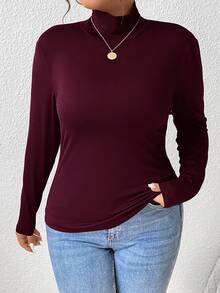 SHEIN Frenchy Plus Áo thun dệt kim cổ bẻ ôm vừa vặn có gân trơn Áo cơ bản Áo dài tay Áo dài tay cho nữ Áo trơn màu Áo cổ bẻ Áo dài tay cho nữ - Màu Đỏ Sâu - Xem 3